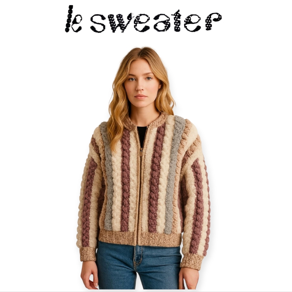 1970s Vintage Neutral Pom Pom Zip Up Knit Cardigan Small Phoebe Buffay Style